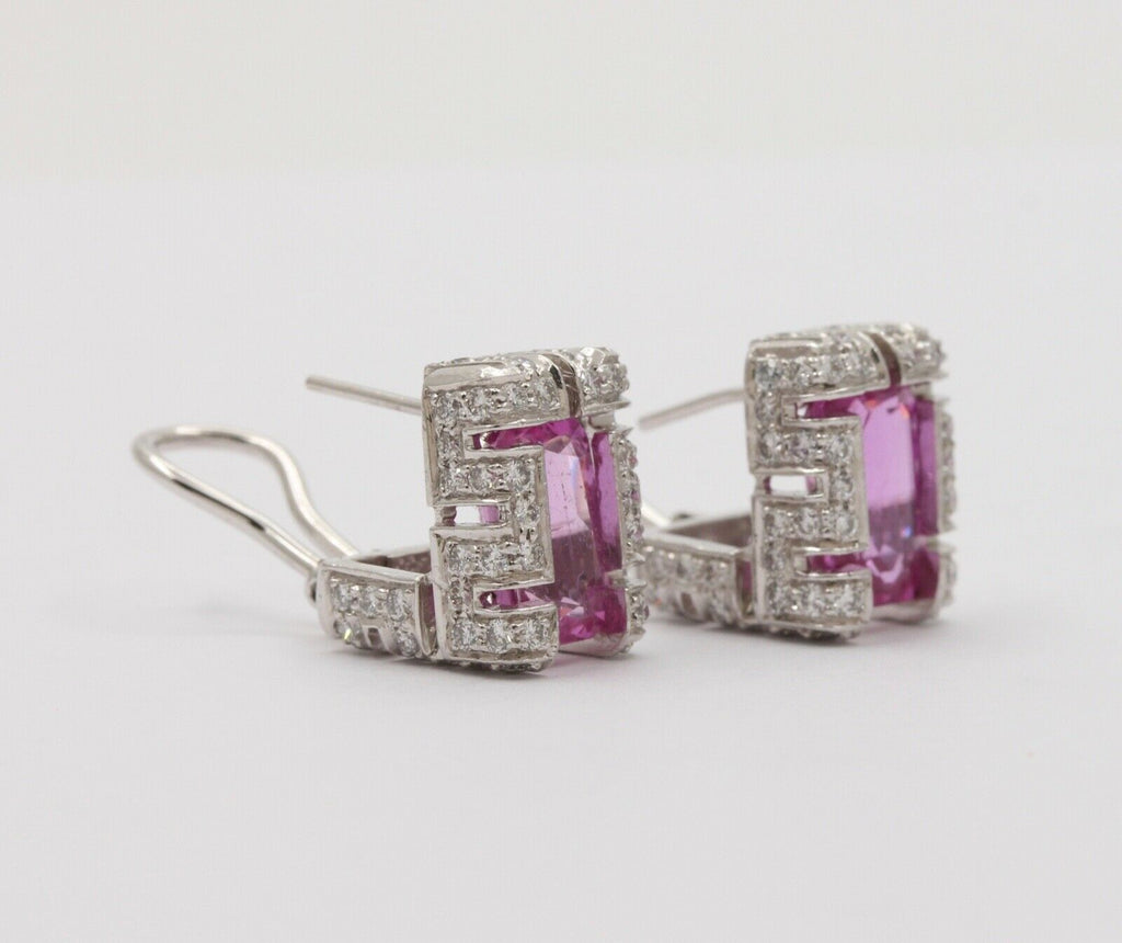 Vintage 18K White Gold Haggis’s Emerald Cut Pink Topaz Diamond Earrings
