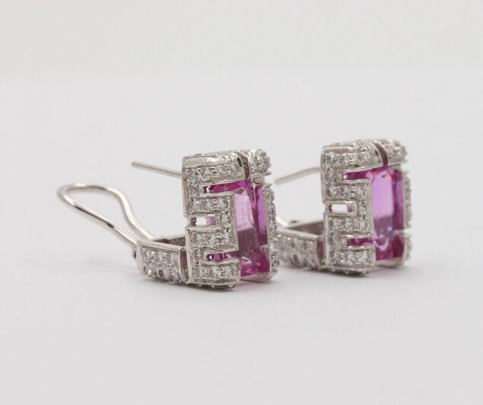 Vintage 18K White Gold Haggis’s Emerald Cut Pink Topaz Diamond Earrings