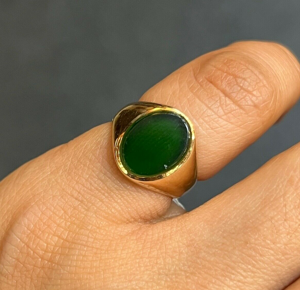 Antique 14K Pinkish Yellow Gold Green Agate Signet Ring