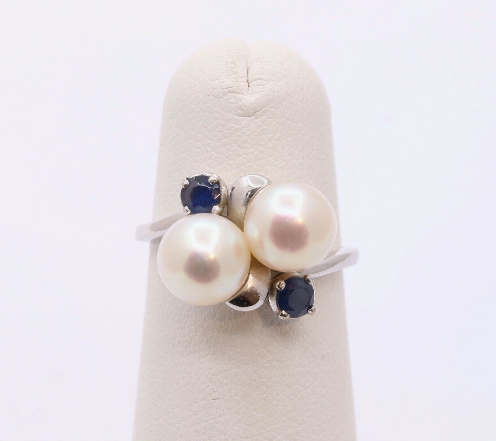 Mikimoto Vintage Pearls Blue Sapphires 14K White Gold Ring