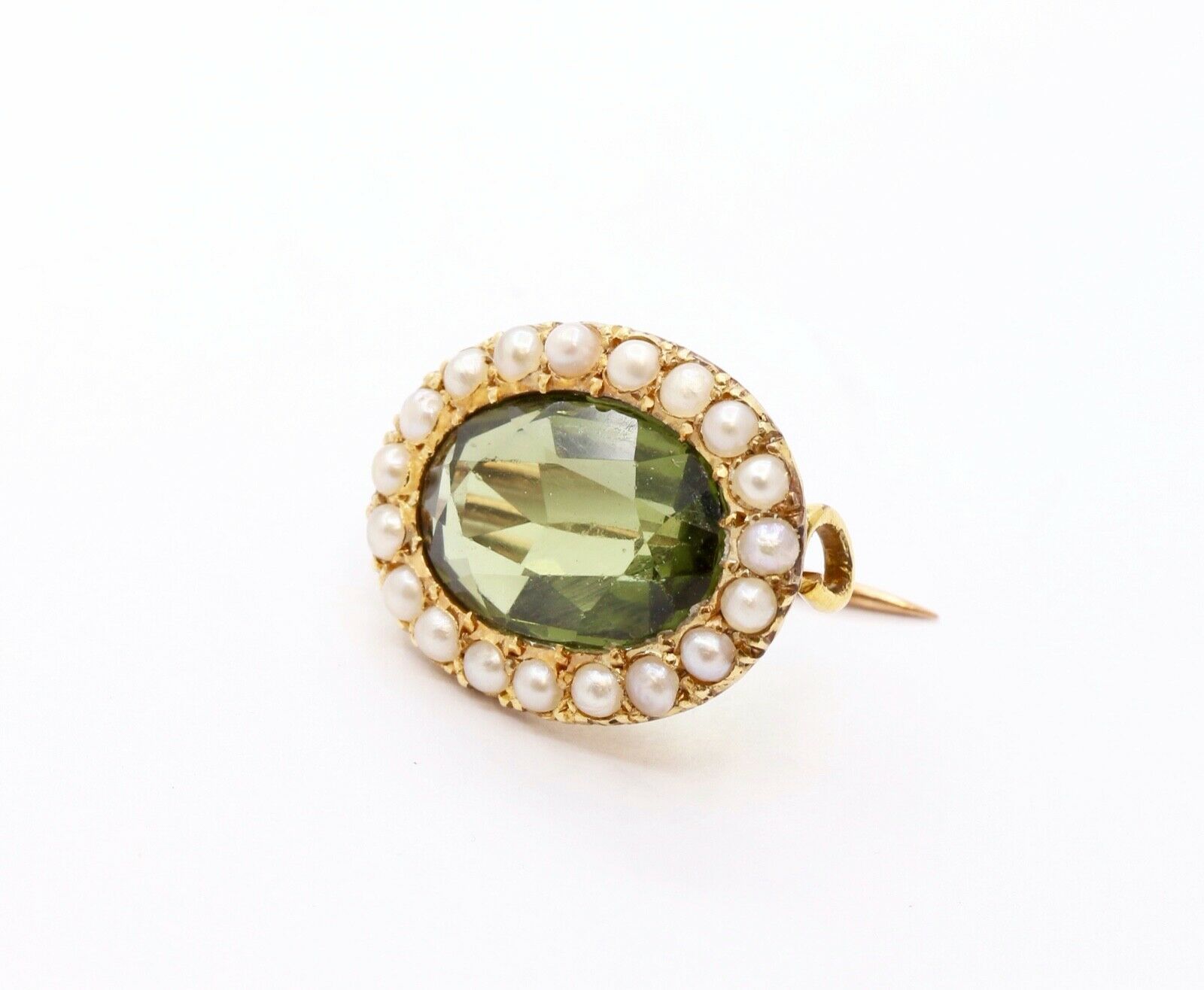Edwardian 18K 14K Yellow Gold Peridot Seed Pearls Brooch Pin