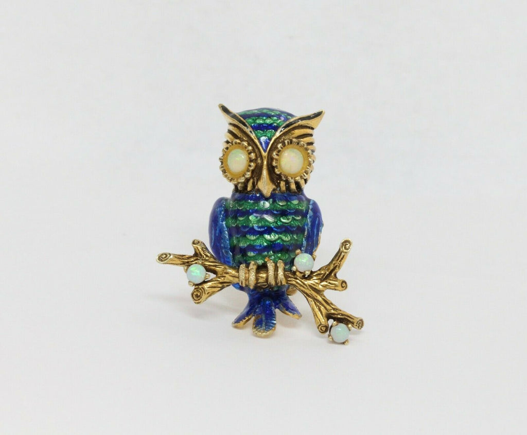 Vintage Enamel 18K Yellow Gold Opal Owl Brooch