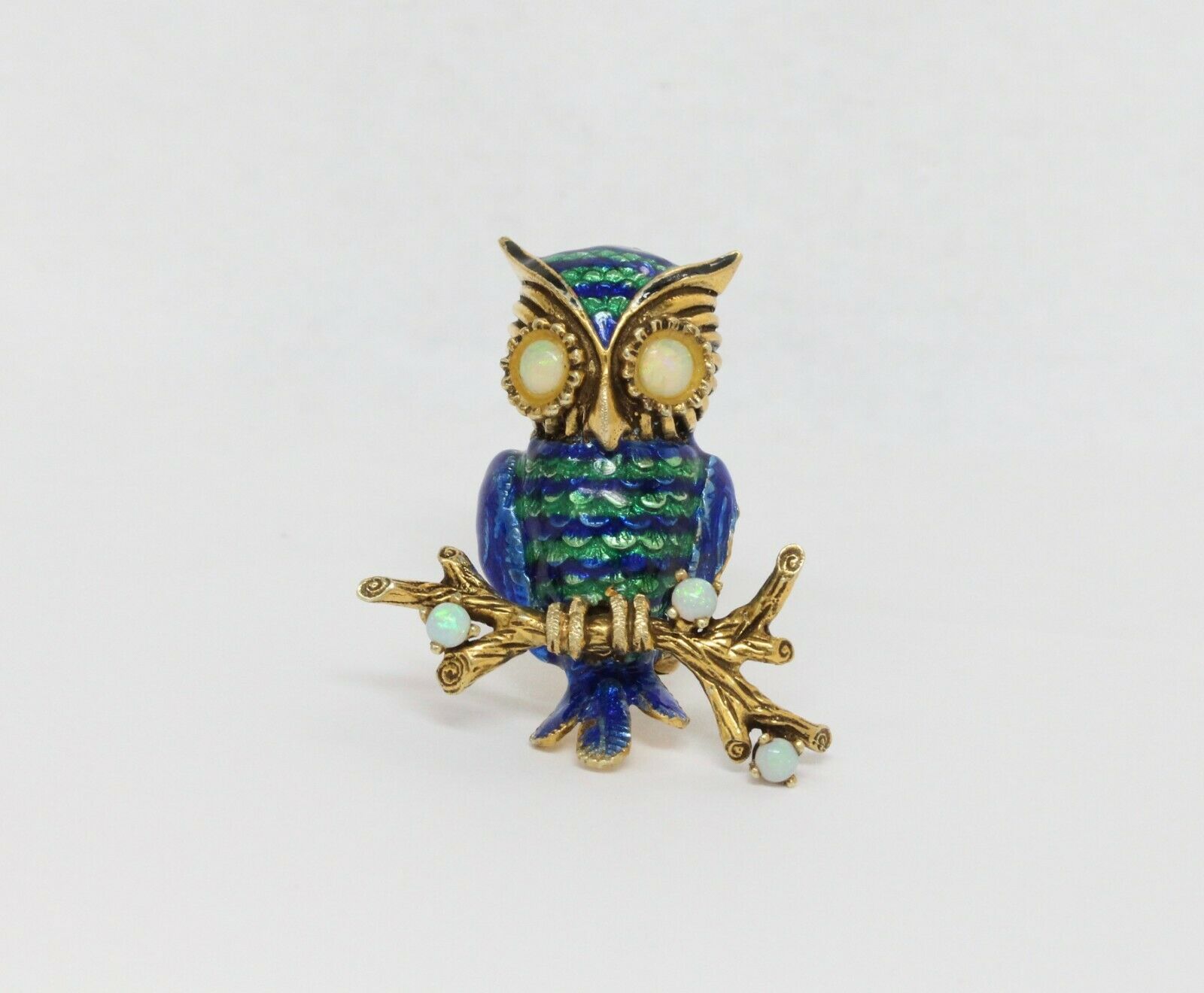Vintage Enamel 18K Yellow Gold Opal Owl Brooch