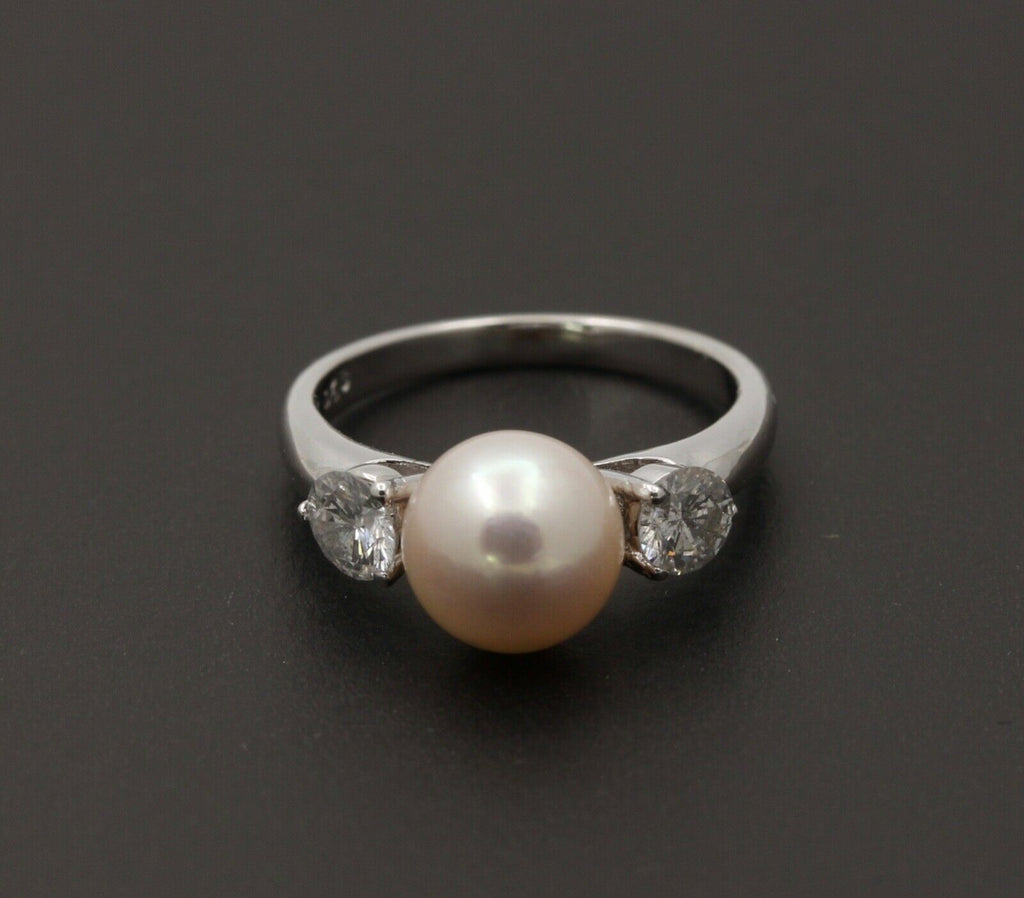 Classic Vintage 18K White Gold Akoya Pearl Diamond Ring,