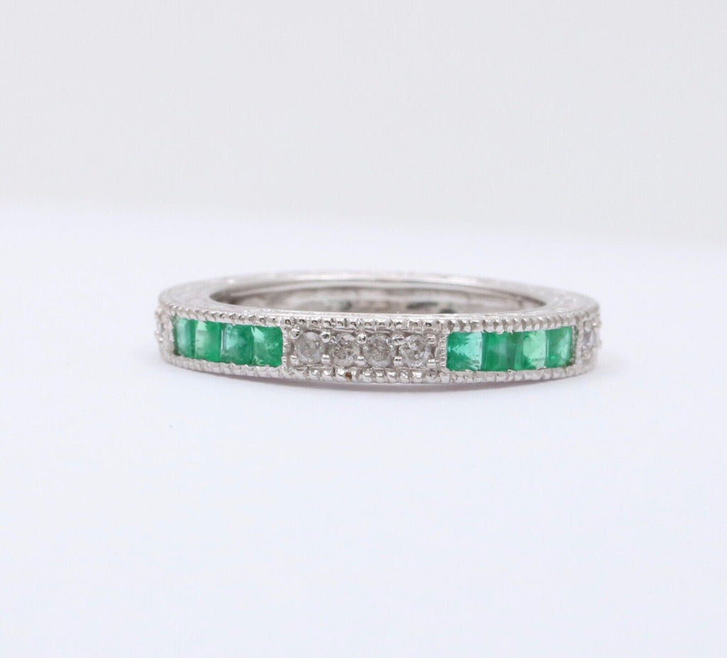 Gorgeous 14K White Gold Emerald & Diamond Half Eternity Ring Band, Wedding Band.