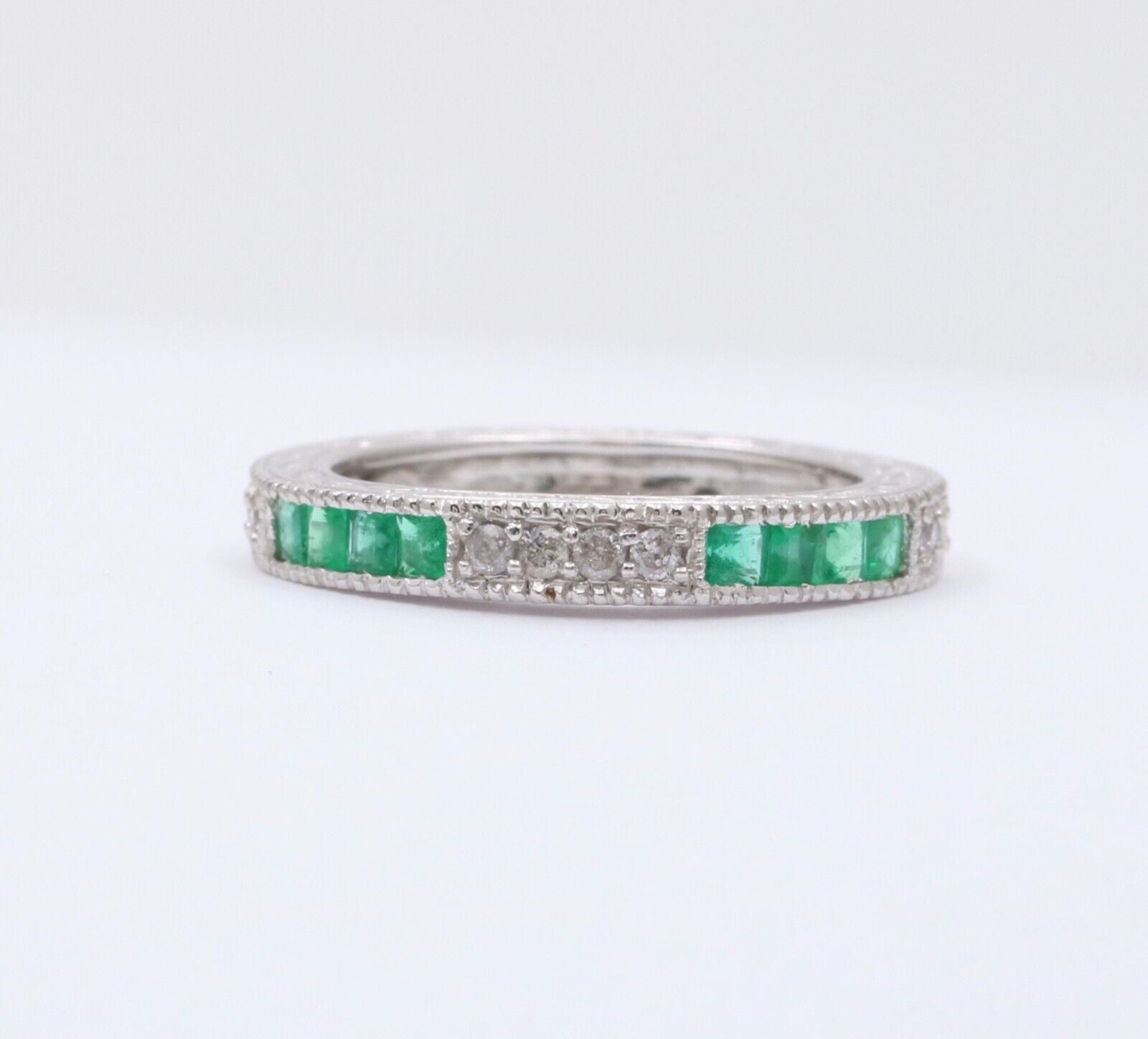 Gorgeous 14K White Gold Emerald & Diamond Half Eternity Ring Band, Wedding Band.