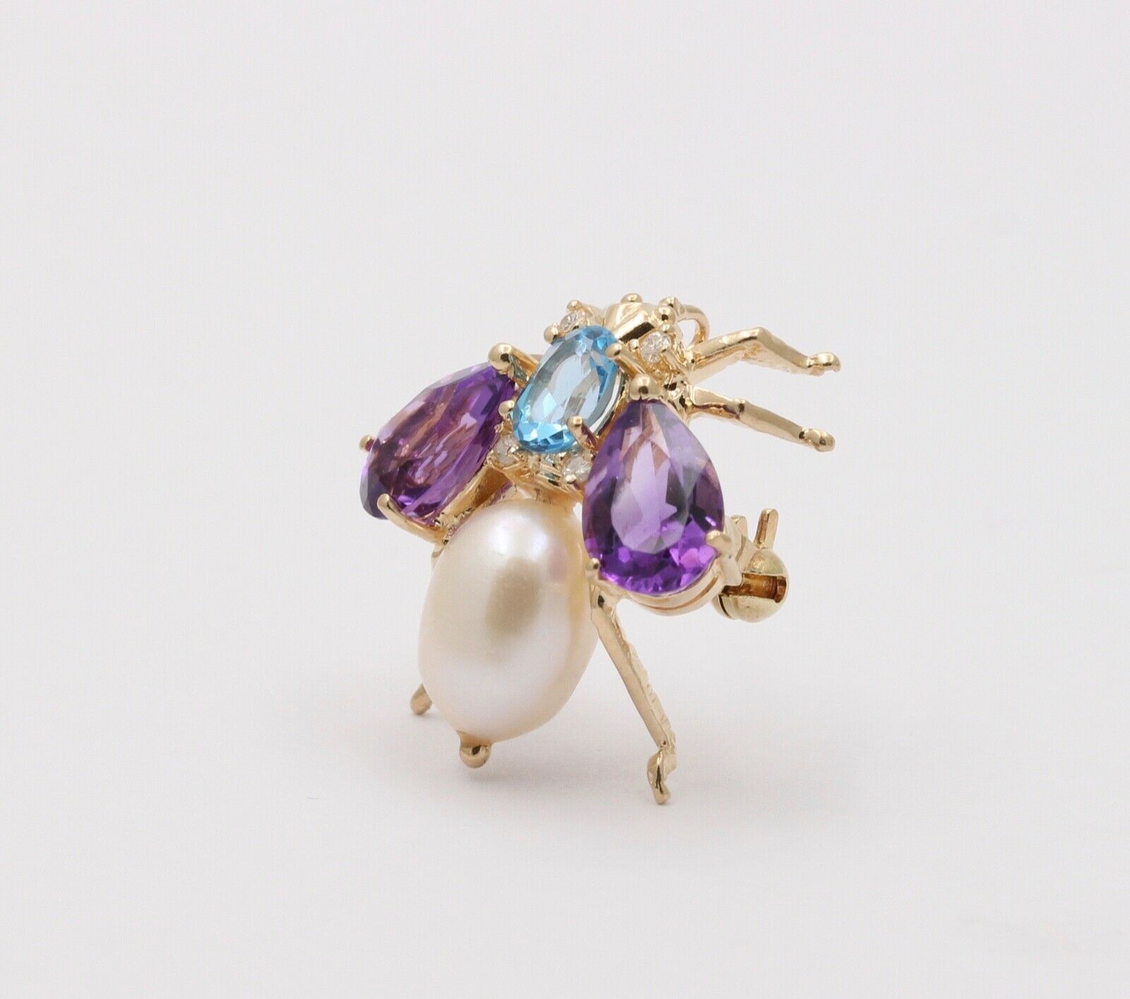 Vintage Amethyst London Blue Topaz Pearl 14K YG Honey Bee Brooch Pin