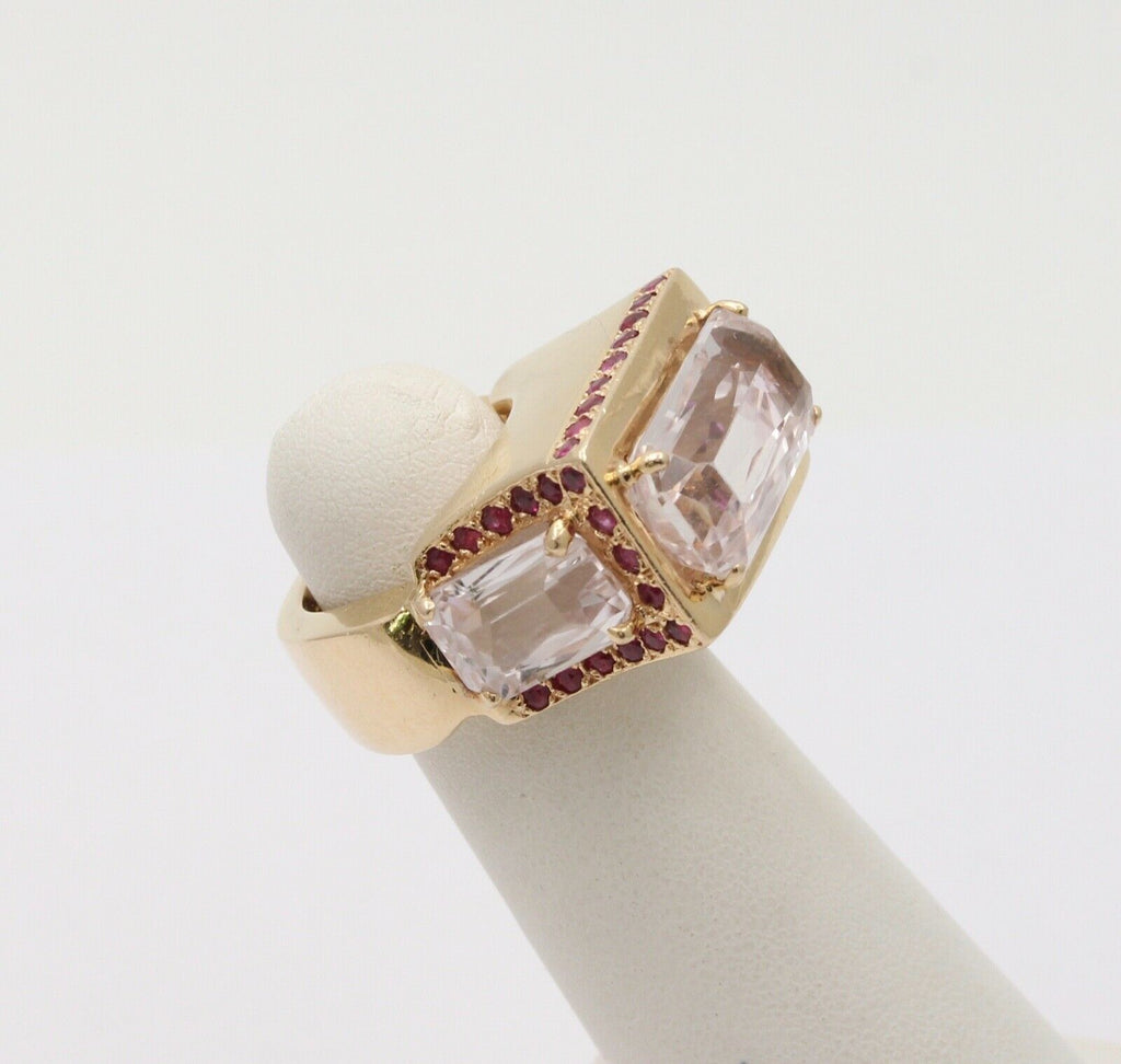 Striking 14K Yellow Gold Pink Kunzite And Ruby Tank Ring, Statement Ring