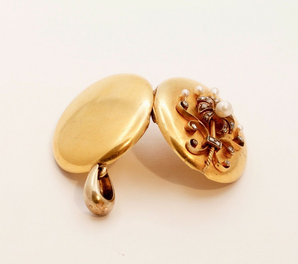 Victorian 18K Yellow Gold Diamonds Pearls Pendant Locket
