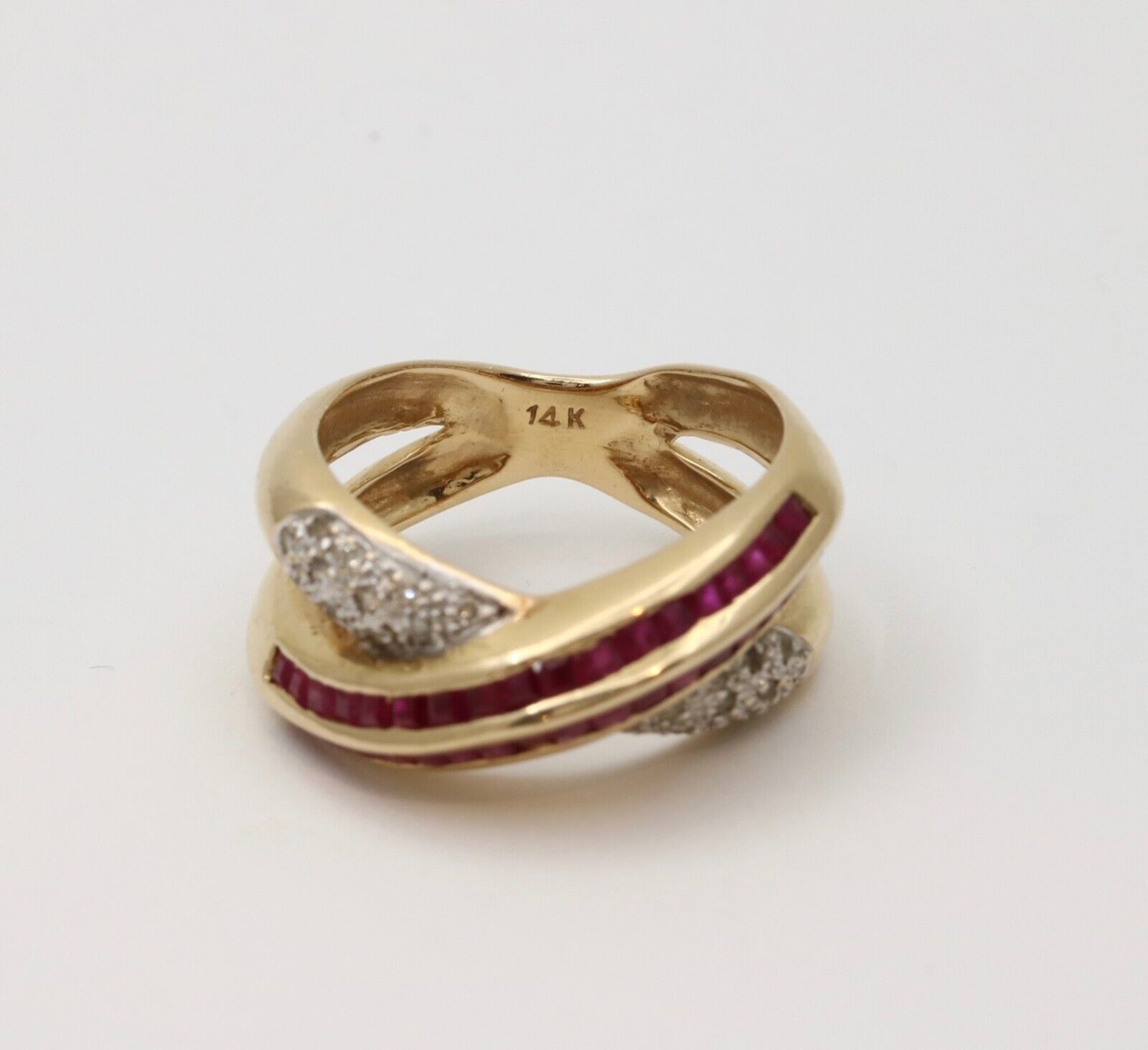 Vintage 14K Gold Ruby and Diamond Bypass Ring Band