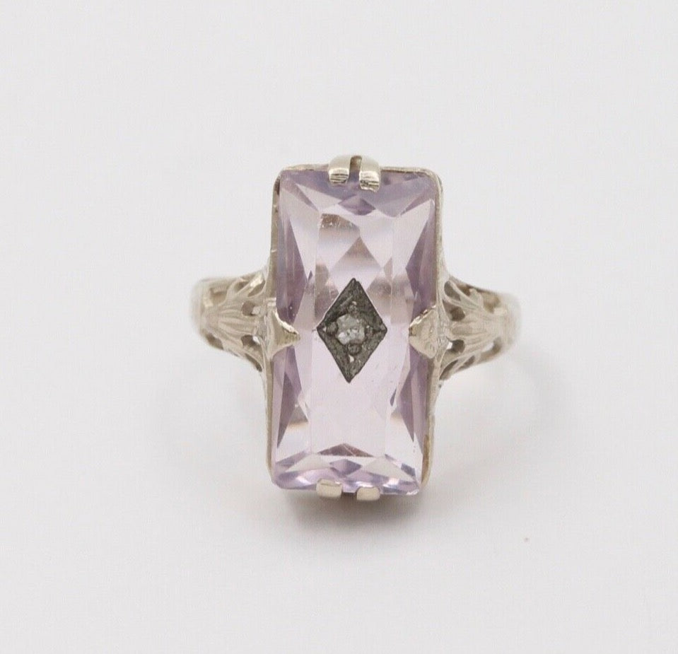 Art Deco Rose De France Amethyst Rose Cut Diamond 14K White Gold Ring