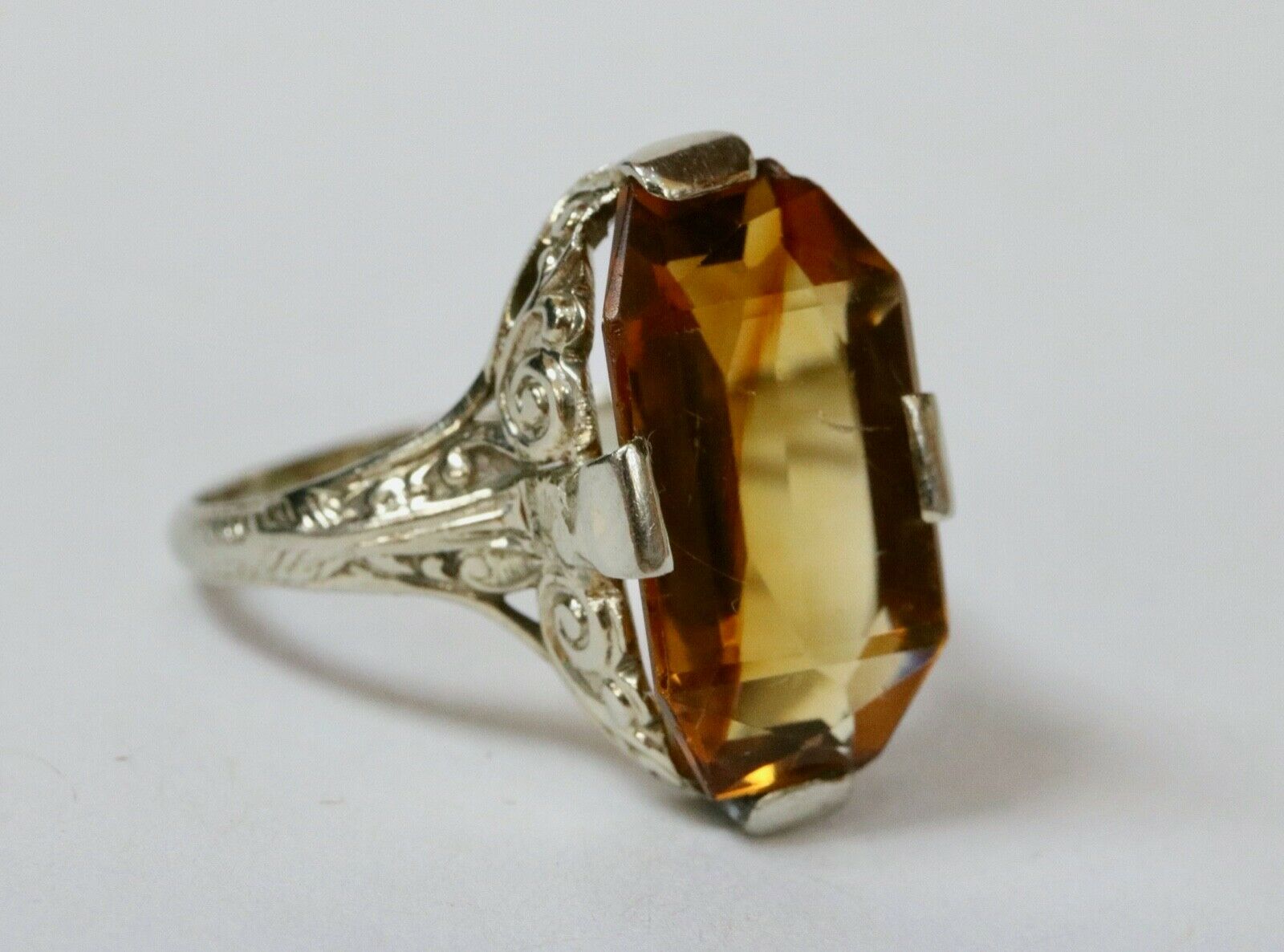 Art Deco Citrine 18K White Gold Filagree Ring