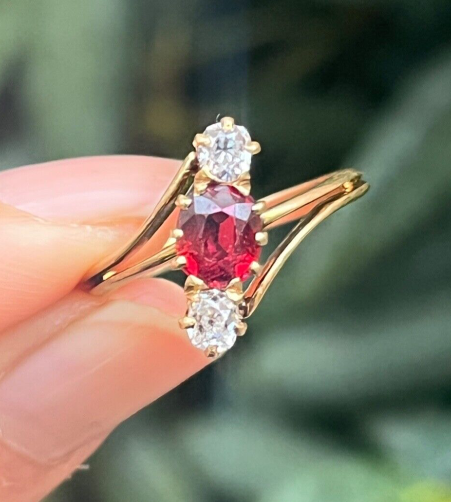 Antique 18K Yellow Gold Ruby And Diamond Bypass Three Stone Ring