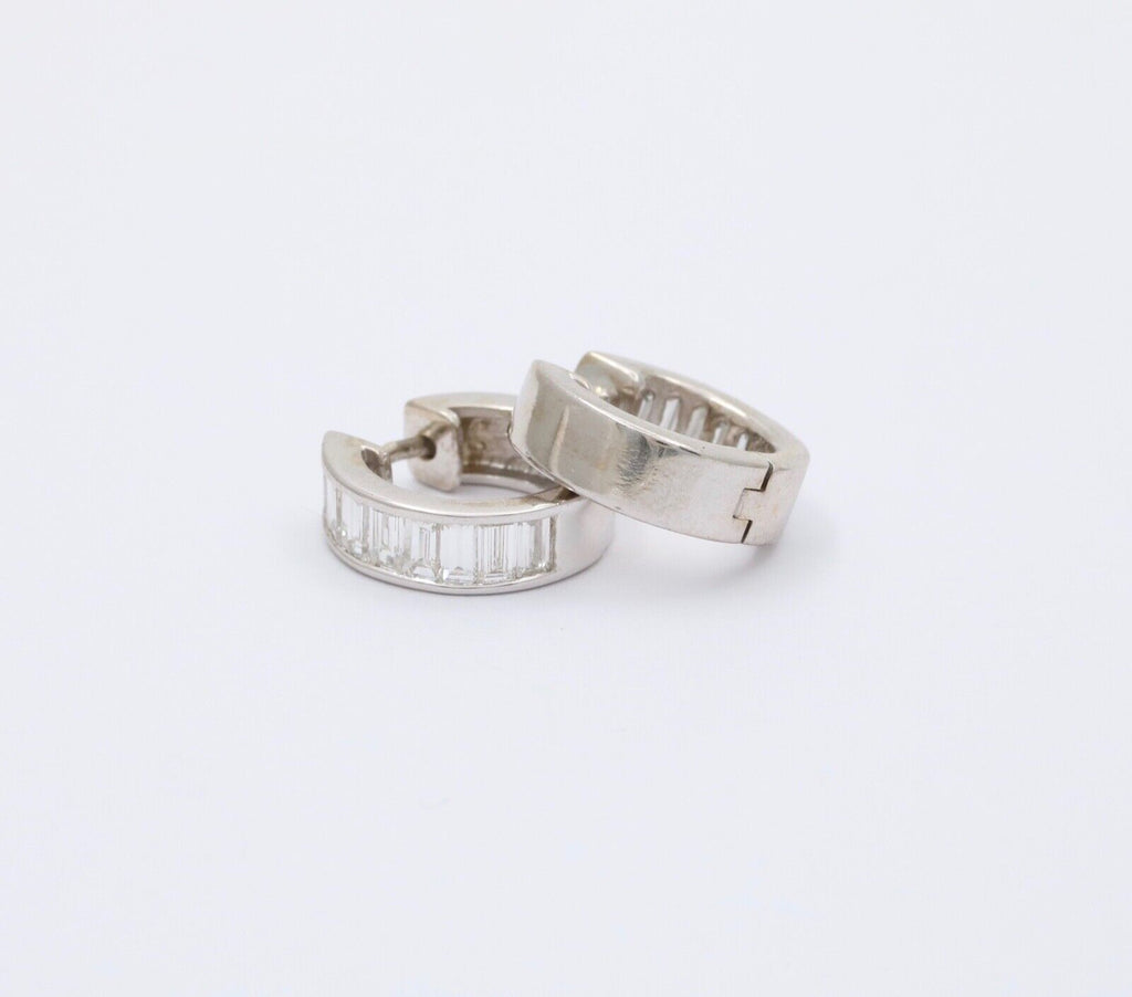 Vintage Baguette Diamonds 14K White Gold Huggie Earrings