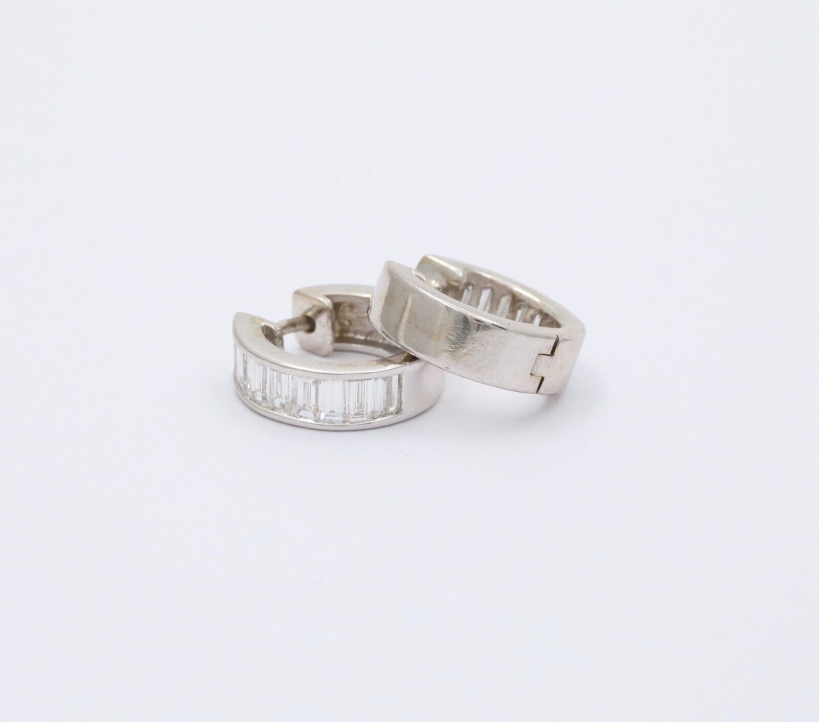 Vintage Baguette Diamonds 14K White Gold Huggie Earrings