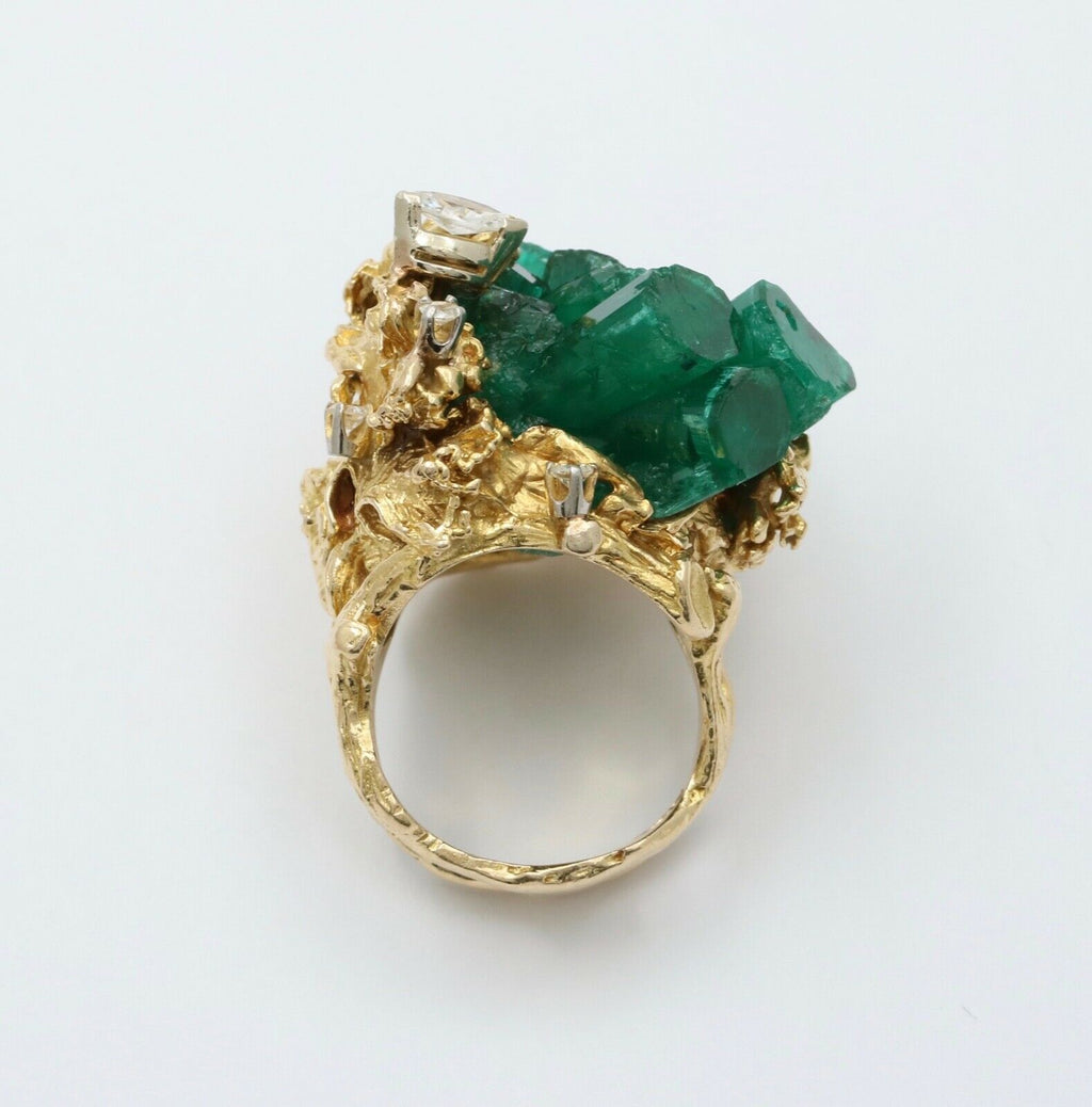 Vintage Brutalist Chatham Emerald Diamonds 14K Yellow Gold Ring