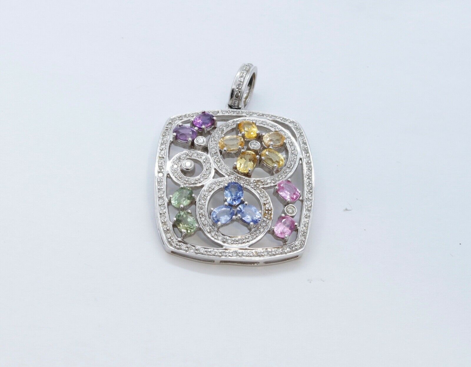 Vintage Multi Color Natural Sapphire 18K White Gold Pendant
