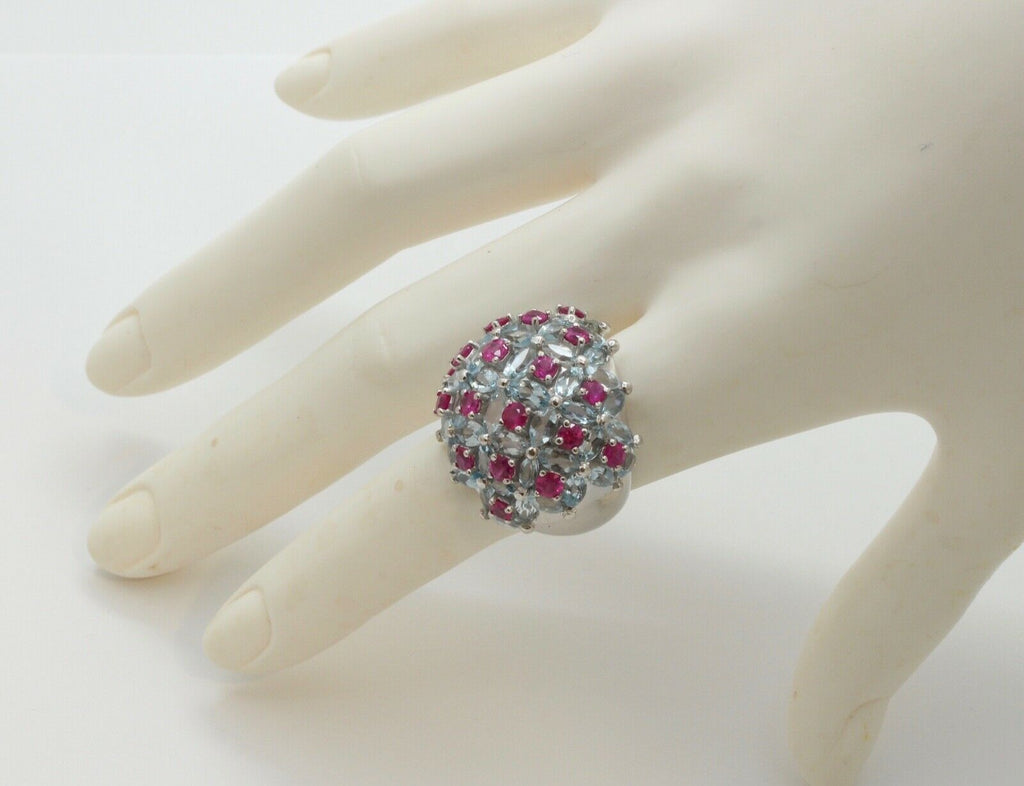 Large Statement Aquamarines Rubies 18K White Gold Dome Ring