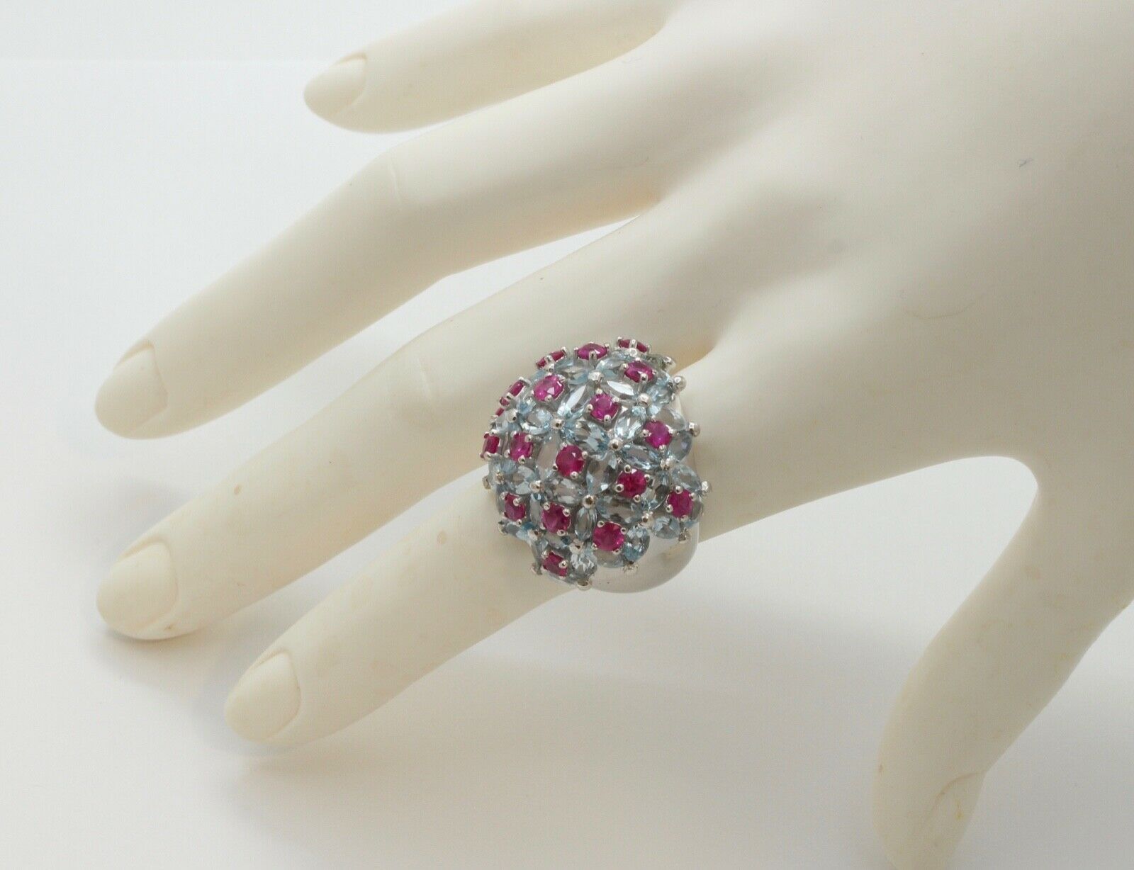 Large Statement Aquamarines Rubies 18K White Gold Dome Ring