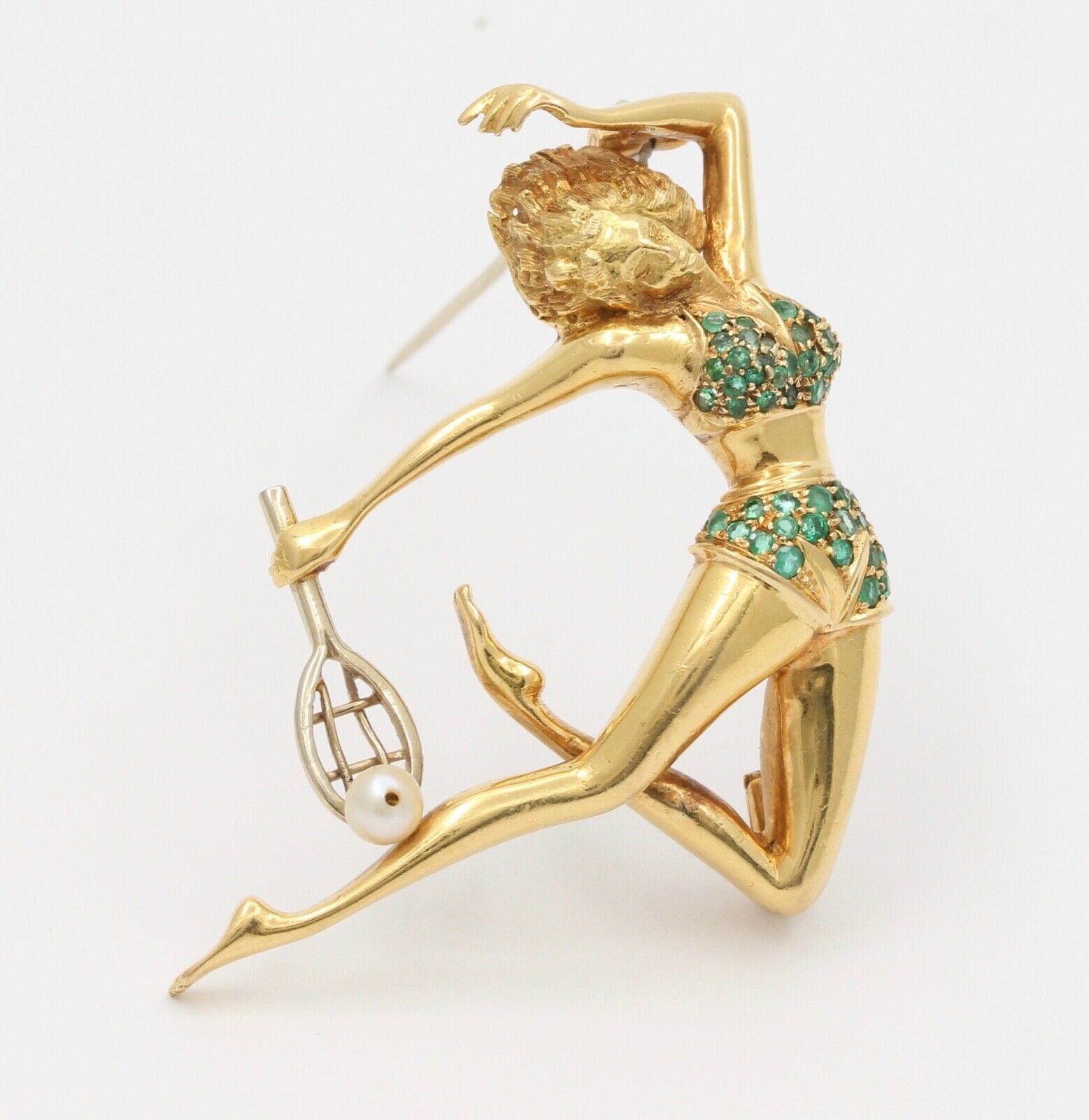 Italian Tennis Player Emeralds Pearl 18K Yellow Gold Brooch