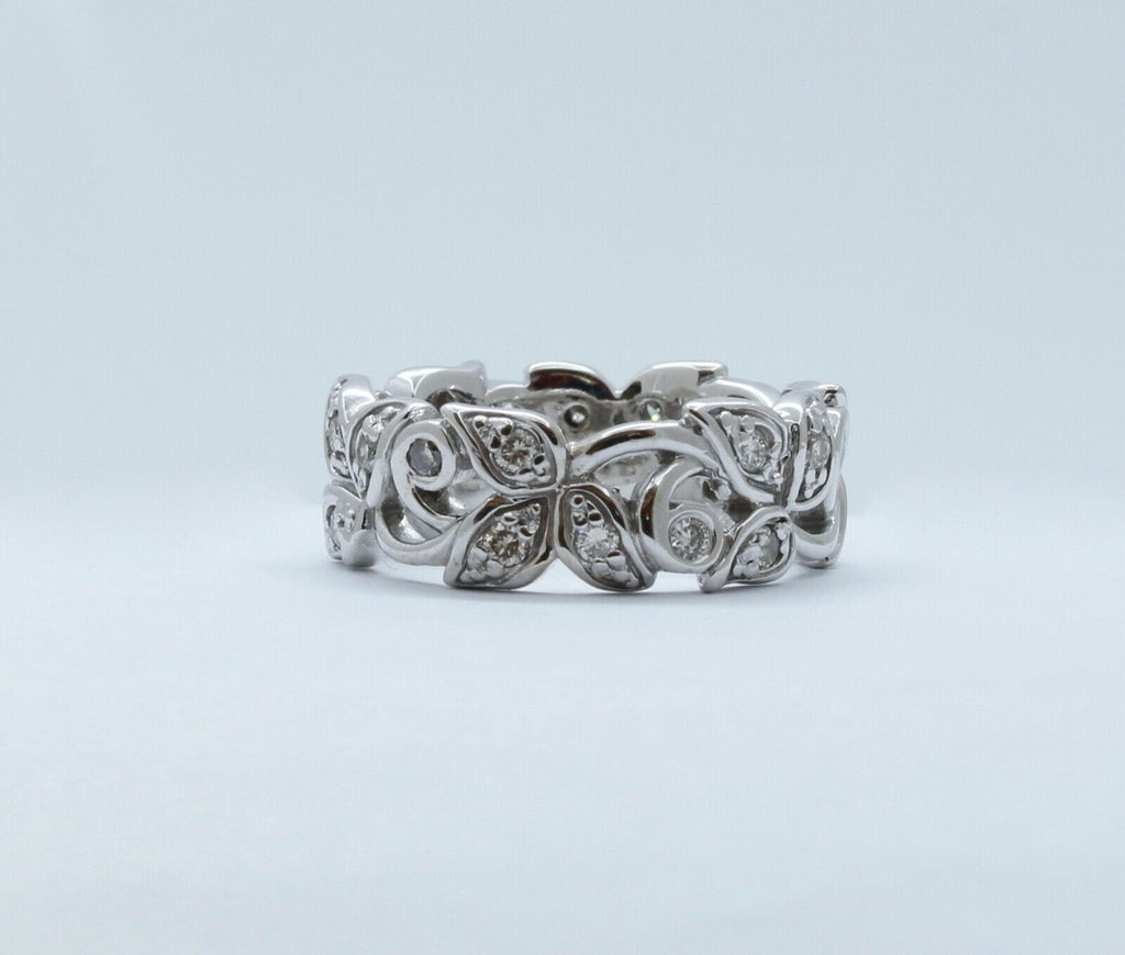 Vintage Clover Diamonds 14K White Gold Band Ring