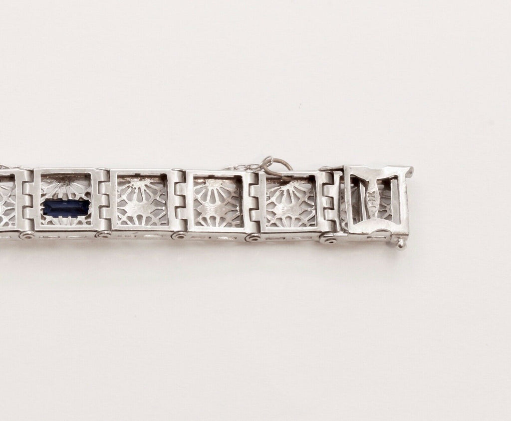 Art Deco Ladies Bracelet Diamonds Blue Sapphires 14K White Gold
