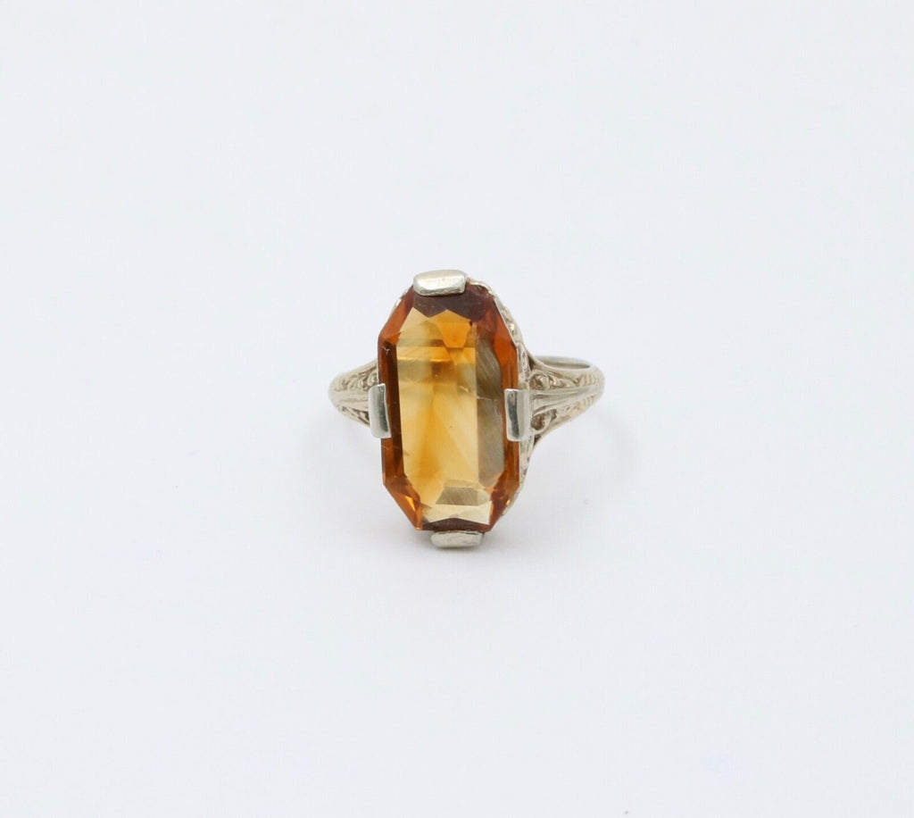 Antique Art Deco Citrine 14K White Gold Filigree Ring, Statement Ring