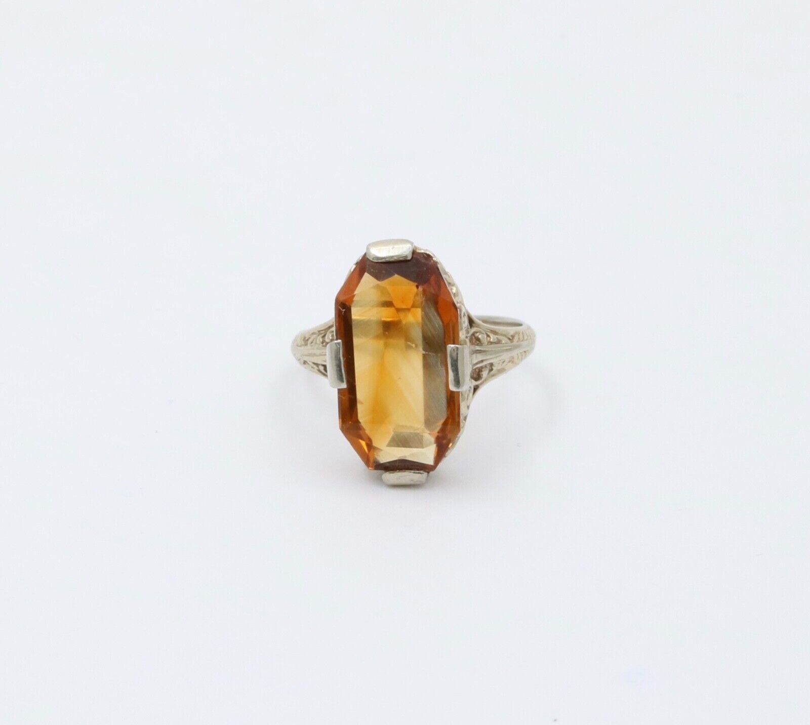 Antique Art Deco Citrine 14K White Gold Filigree Ring, Statement Ring