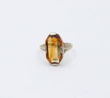 Load image into Gallery viewer, Antique Art Deco Citrine 14K White Gold Filigree Ring, Statement Ring
