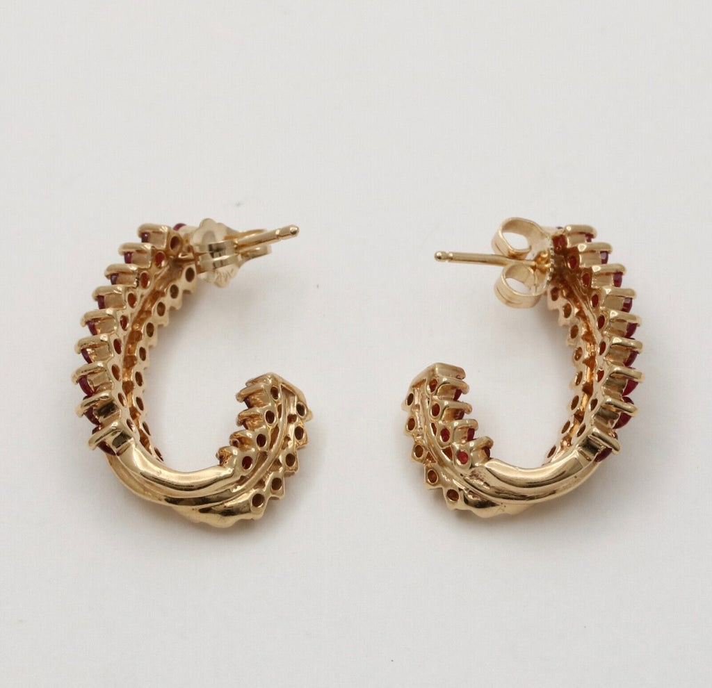 Vintage Retro 14K Gold Ruby and Diamond Huggie Earrings