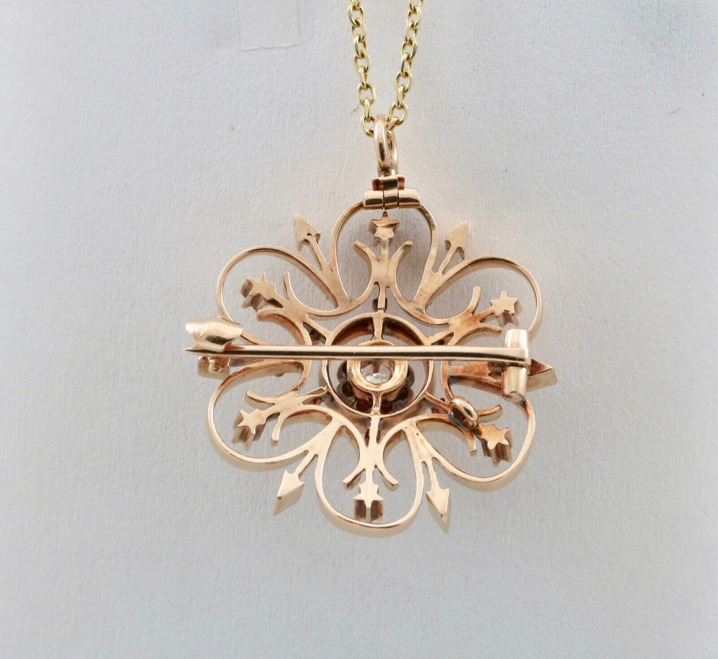 Antique 14K Yellow Gold Heart & Arrow Floral Brooch, Pendant
