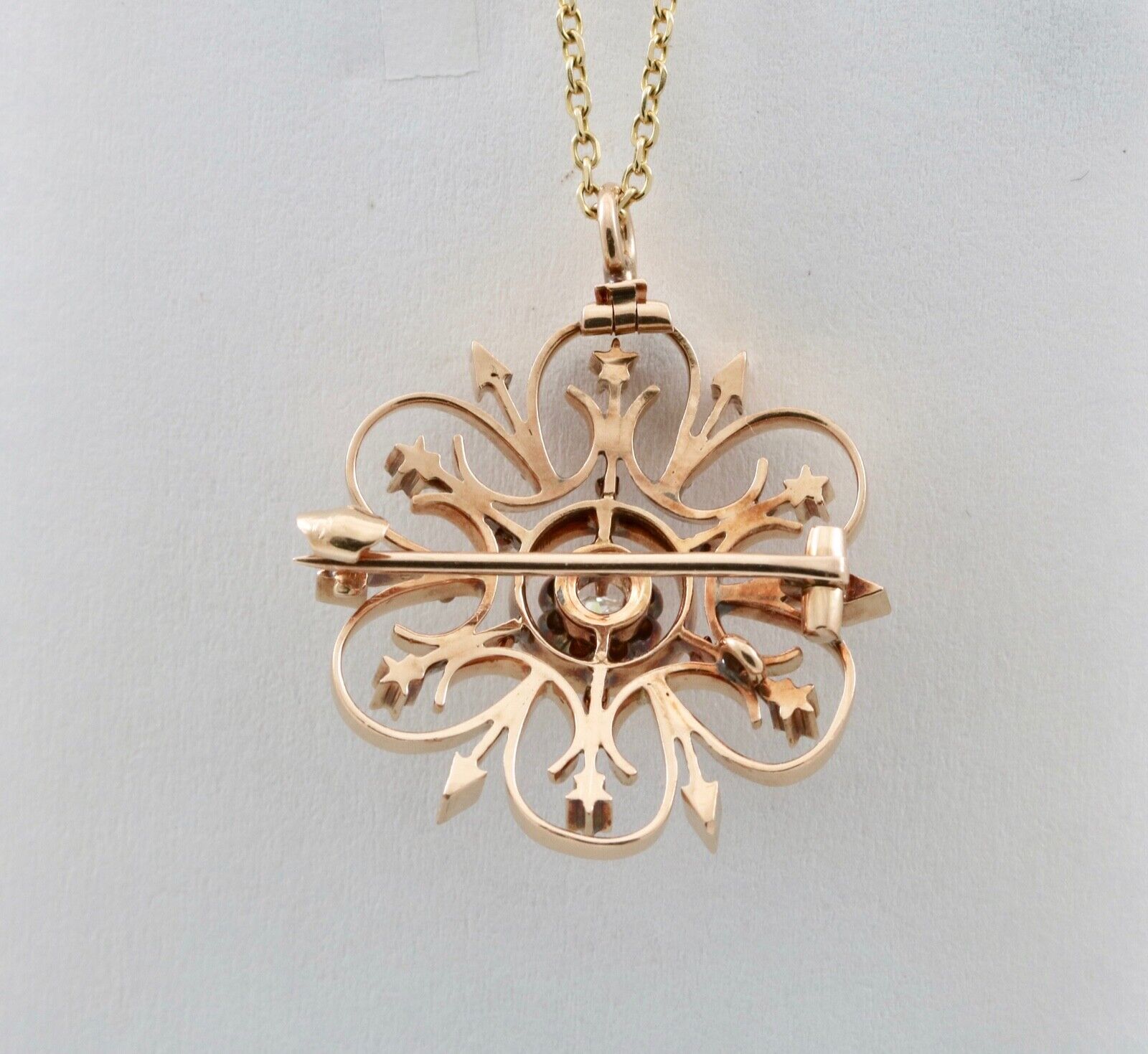 Antique 14K Yellow Gold Heart & Arrow Floral Brooch, Pendant