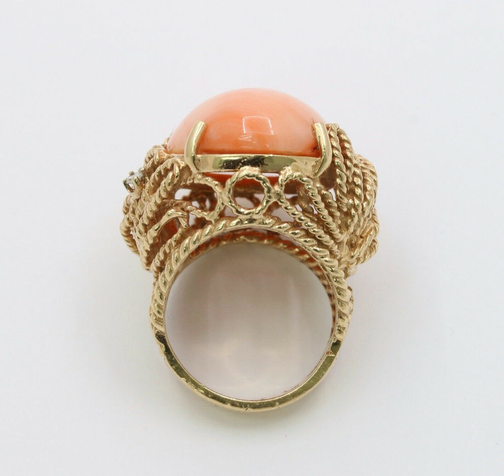 Huge Cabochon Angel Skin Coral Diamonds 14K Yellow Gold Ring