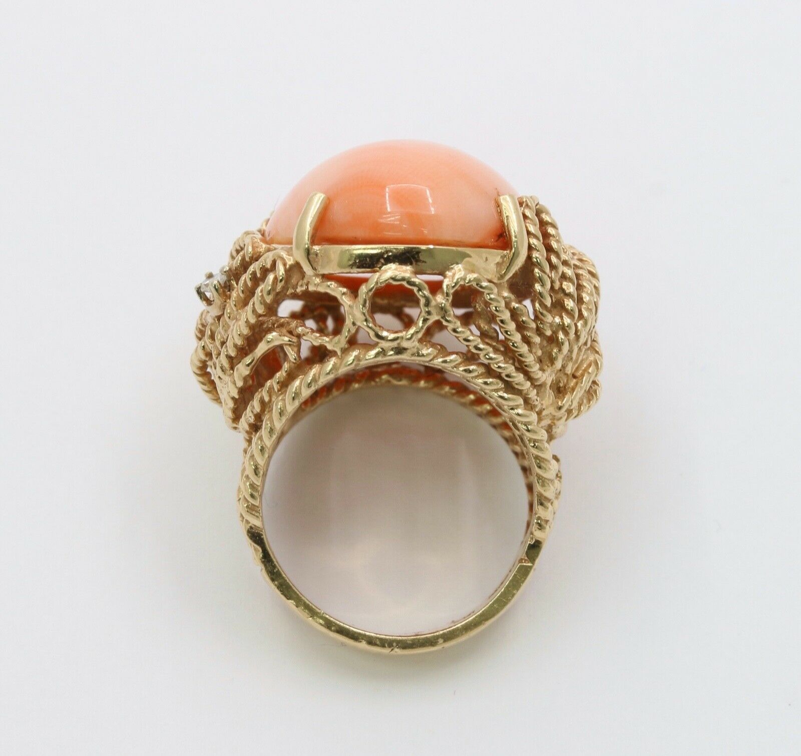 Huge Cabochon Angel Skin Coral Diamonds 14K Yellow Gold Ring