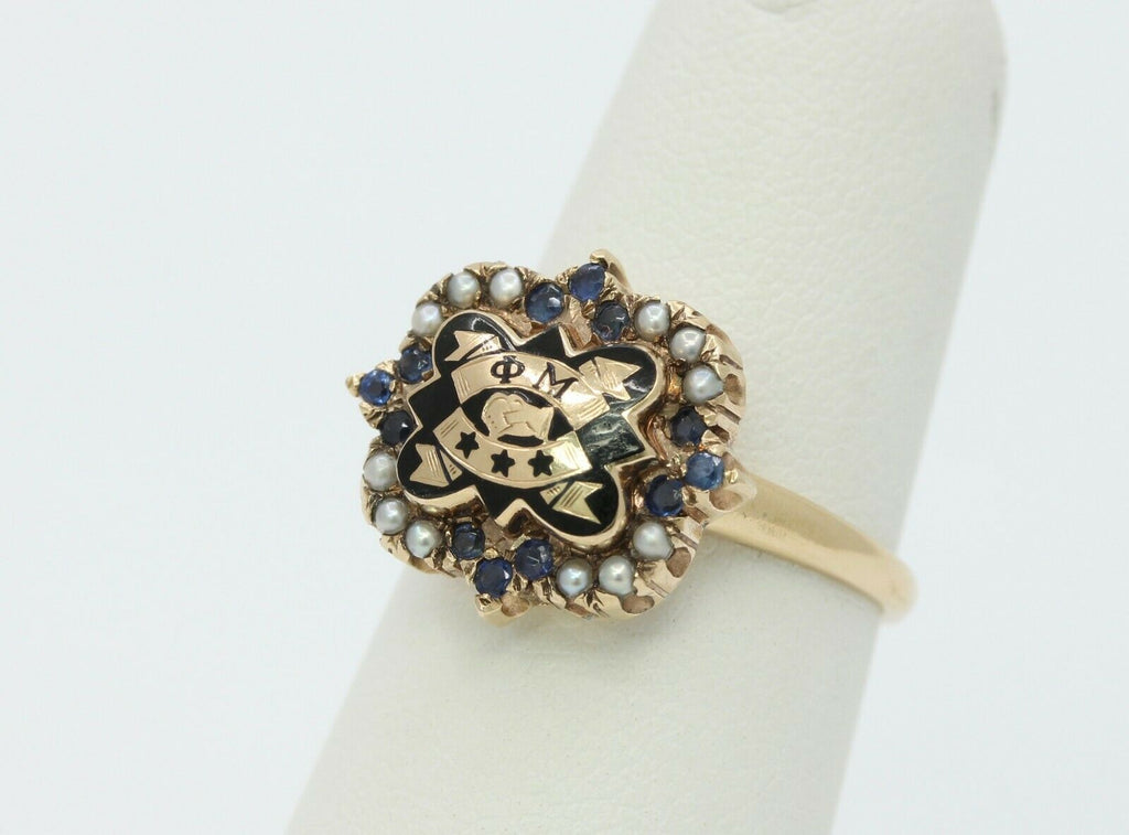 Vintage 14K Yellow Gold Phi Mu Badge Sorority Sapphire Seed Pearl Ring