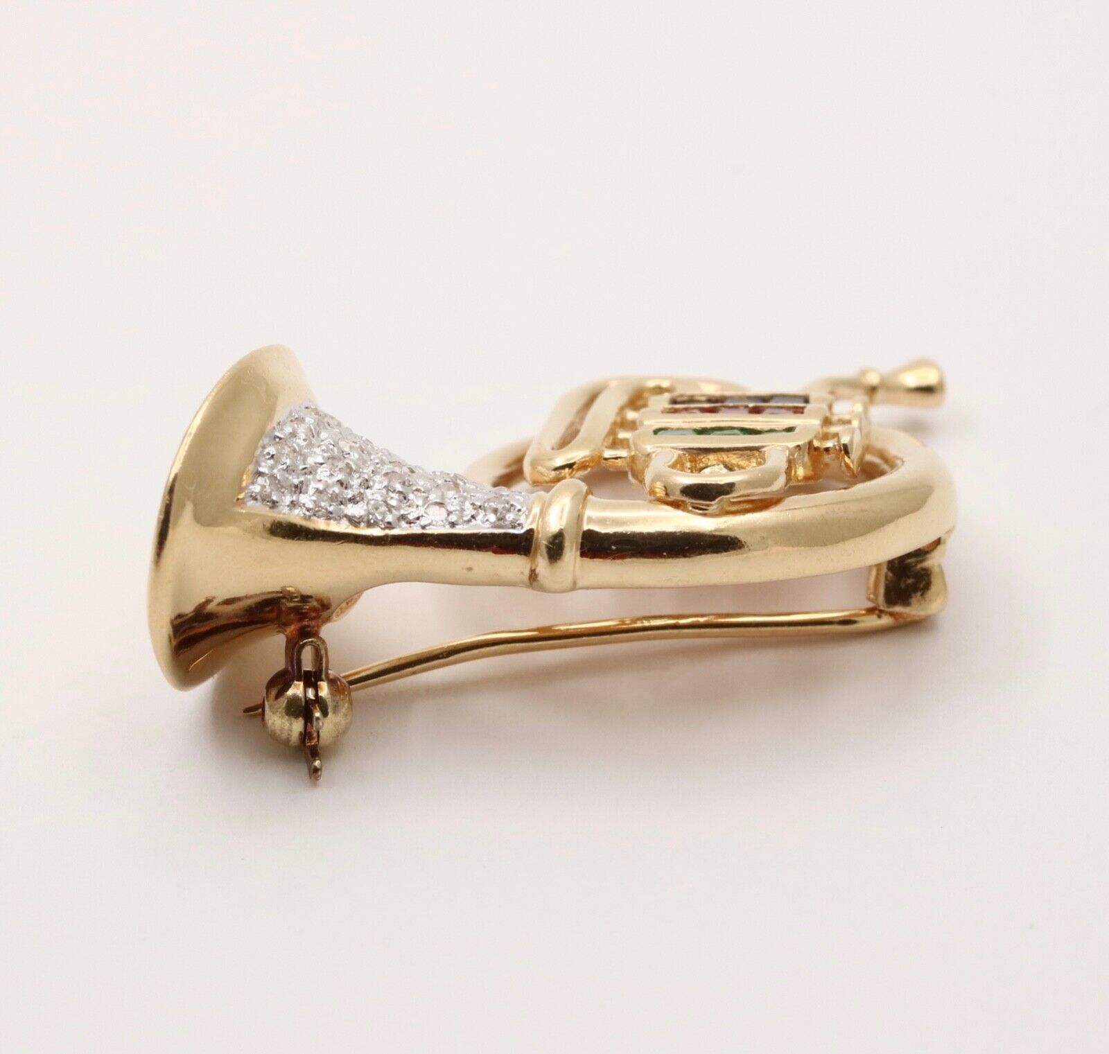 Vintage 14K Gold Diamond, Sapphire, Ruby and Emerald French Horn Pin Brooch