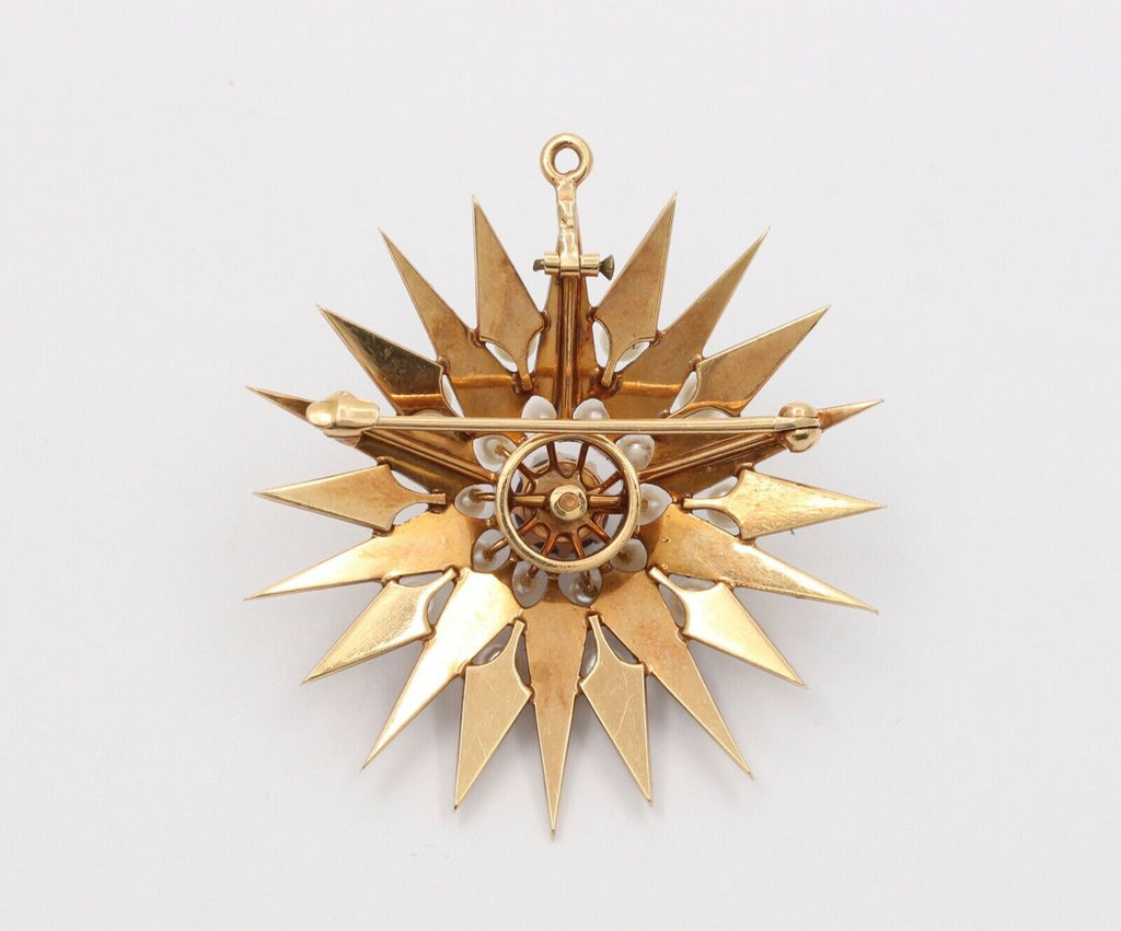 Victorian Starburst 14K Yellow Gold Garnet Seed Pearls Pendant Brooch Pin