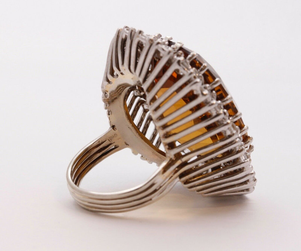Vintage Statement Ring with Citrine Diamonds 14K White Gold