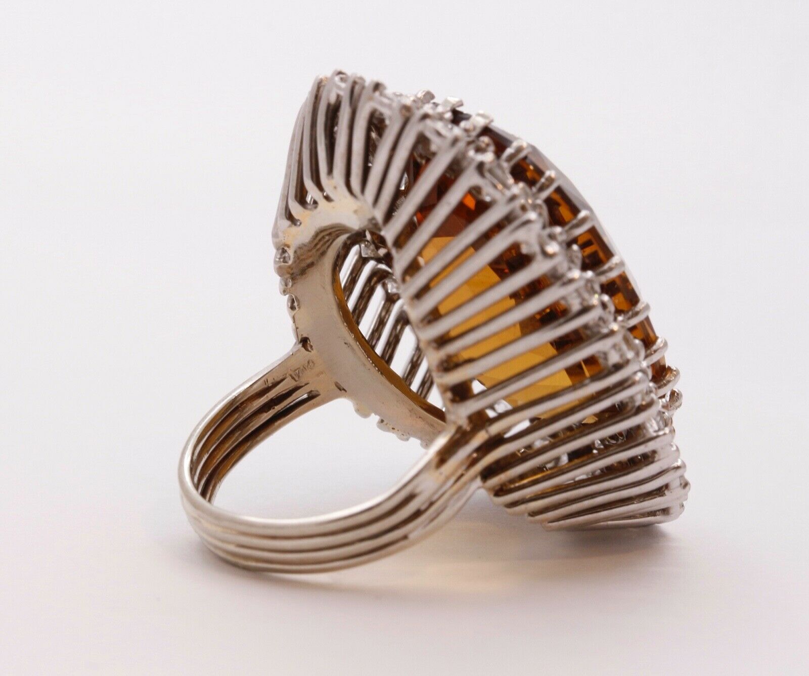 Vintage Statement Ring with Citrine Diamonds 14K White Gold