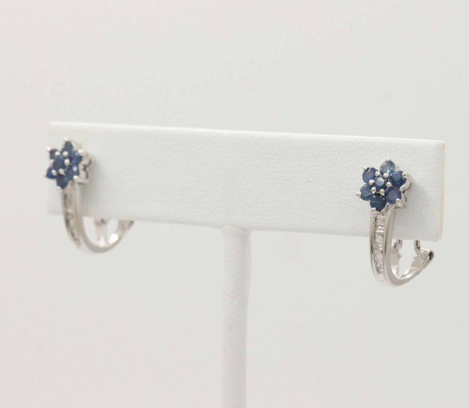 Vintage Flower Blue Sapphires Baguette Diamonds 14K White Gold Earrings