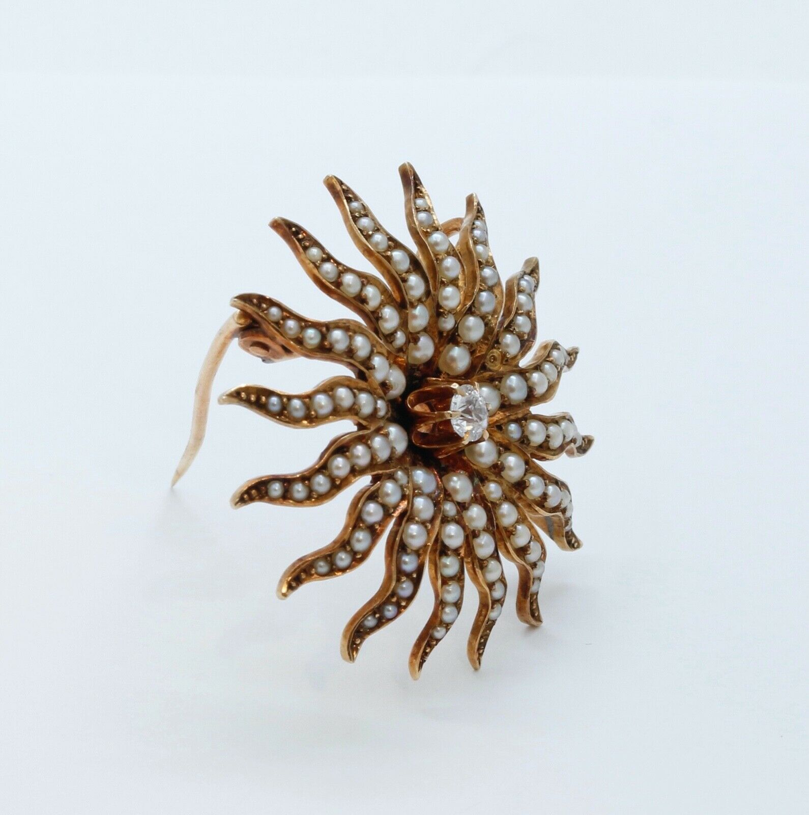 Victorian Shreve and Co Starburst 14K Yellow Gold Diamond Seed Pearls Brooch Pin