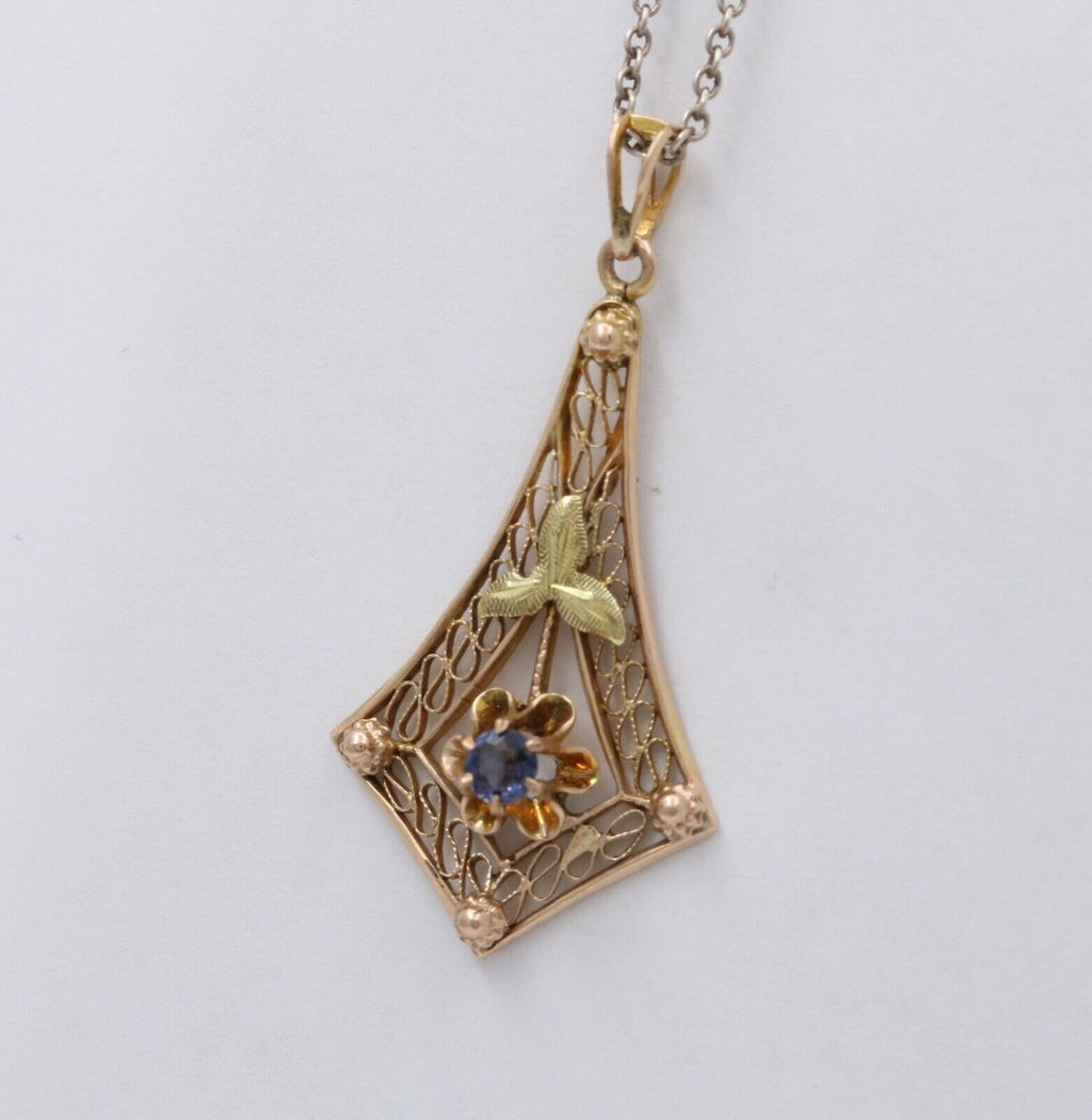 Art Nouveau Blue Sapphire 10K Yellow Gold Pendant