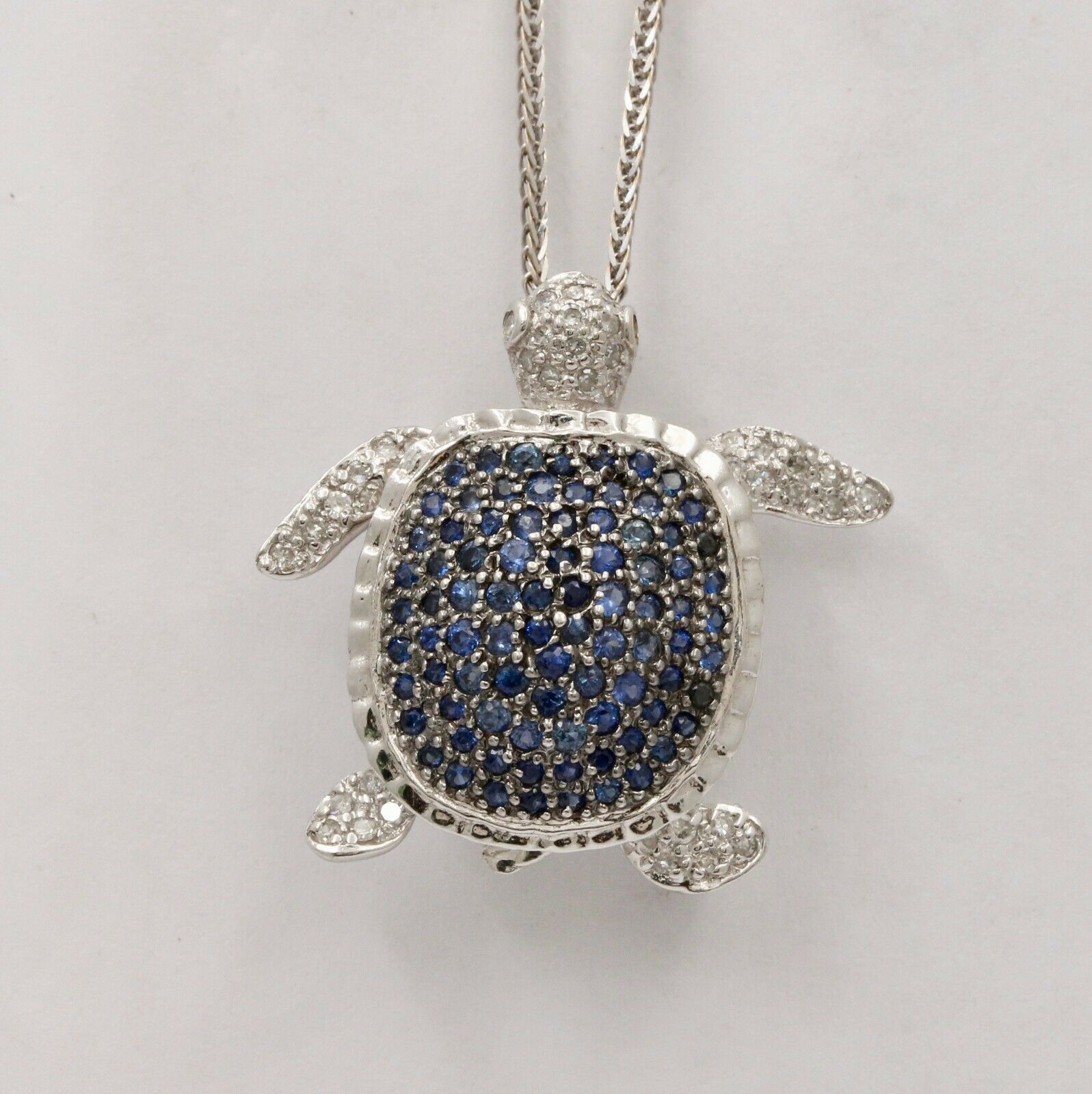 Sapphire & Diamond Turtle 14K White Gold Brooch Pendant