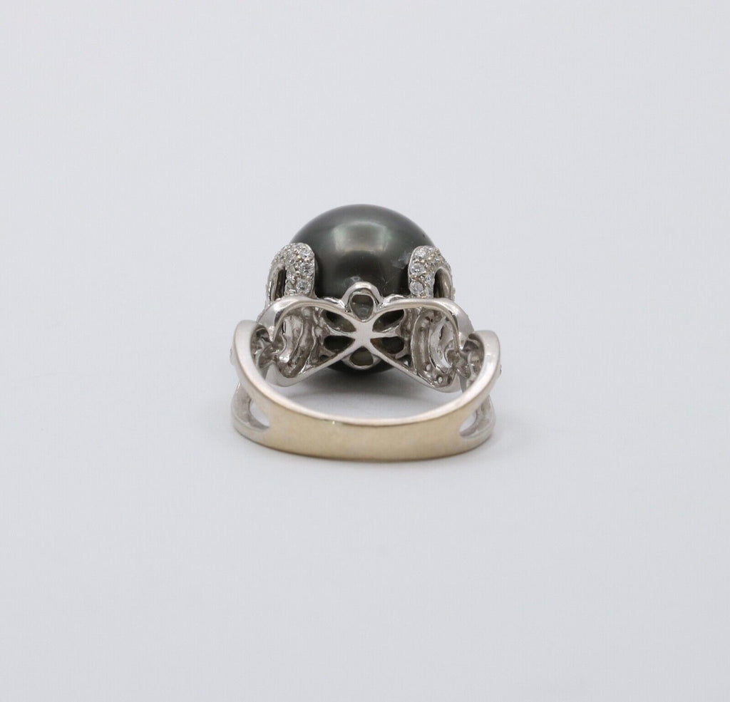 Vintage Tahitian South Sea Pearl Diamonds 18K White Gold Ring