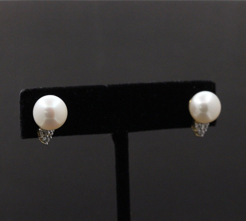 Classic 10K Yellow Gold 9.8 mm Pearl & Diamond Studs Earrings,