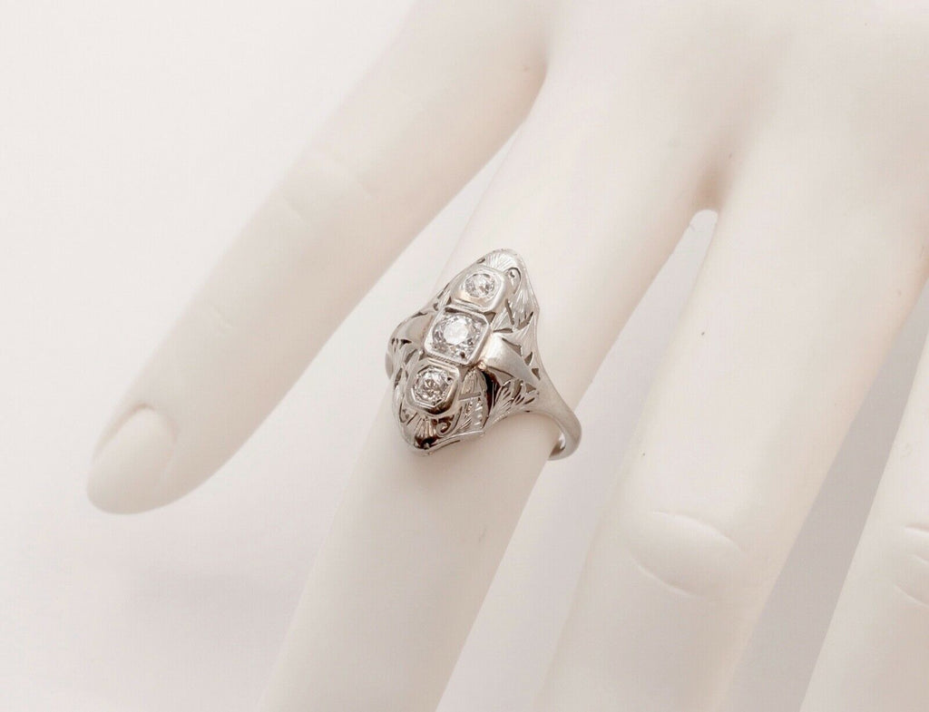 Art Deco Three Diamond 18K White Gold Ring