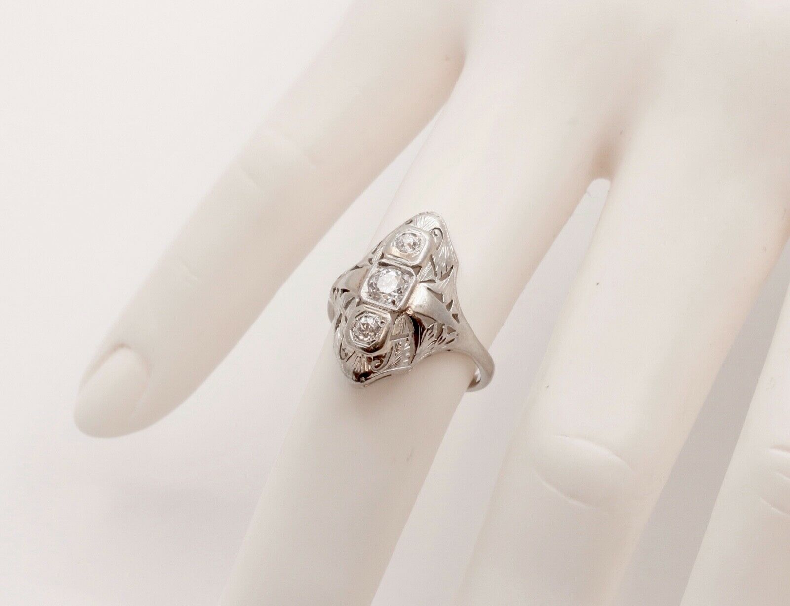 Art Deco Three Diamond 18K White Gold Ring