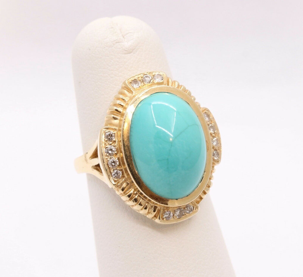 Vintage Turquoise Diamonds 14K Yellow Gold Ring