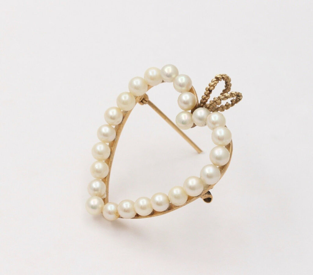 Vintage Heart 14K Yellow Gold Pearls Brooch Pendant
