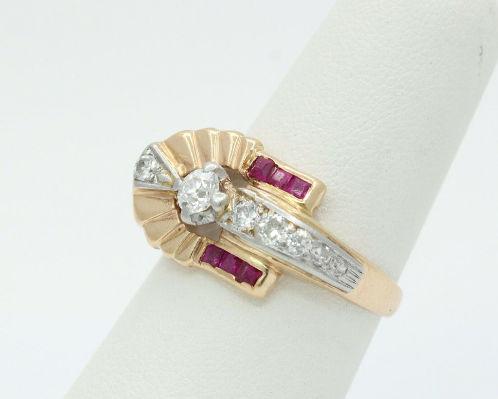 Vintage Indian Headdress Diamonds Rubies 14K Yellow Gold Platinum Ring